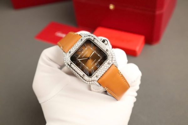 Cartier Santos Large Model Brown Dial Custom Moissanite Case Best Replica 39.8mm