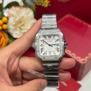 Cartier Santos Large Model White Dial Custom Moissanite Bezel Best Replica BVF 39.8mm