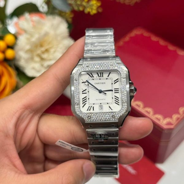 Cartier Santos Large Model White Dial Custom Moissanite Bezel Best Replica BVF 39.8mm