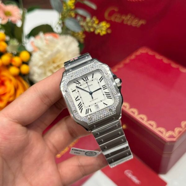 Cartier Santos Large Model White Dial Custom Moissanite Bezel Best Replica BVF 39.8mm