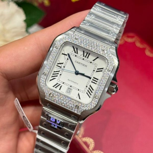 Cartier Santos Large Model White Dial Custom Moissanite Bezel Best Replica BVF 39.8mm