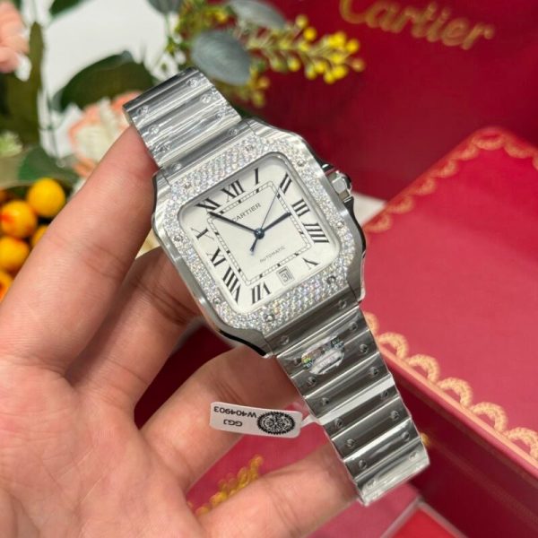 Cartier Santos Large Model White Dial Custom Moissanite Bezel Best Replica BVF 39.8mm