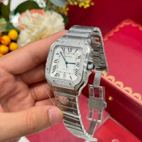Cartier Santos Large Model White Dial Custom Moissanite Bezel Best Replica BVF 39.8mm