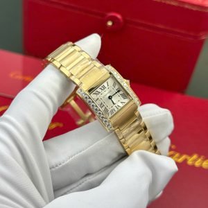Cartier Tank Francaise WJTA0062 Golden Sunray Dial Yellow Gold Stone-set Bezel Replica 25.7 x 21.2mm
