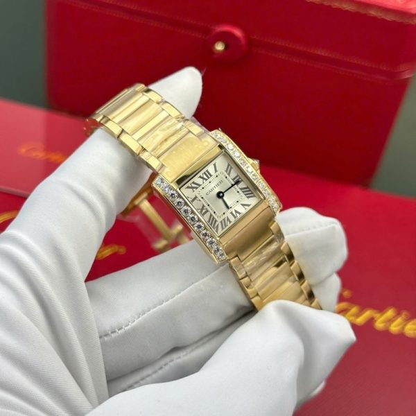 Cartier Tank Francaise WJTA0062 Golden Sunray Dial Yellow Gold Stone-set Bezel Replica 25.7 x 21.2mm