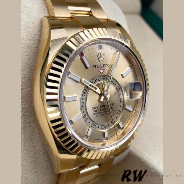Rolex Sky-Dweller 326938 Yellow Gold Champagne Dial 42mm Mens Replica Watch