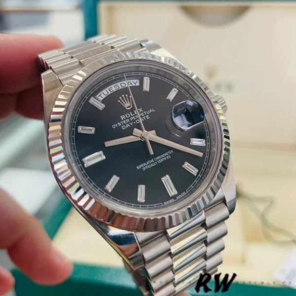 Rolex Day-Date 228239 Black Diamond Dial Fluted Bezel 40mm Mens Replica Watch