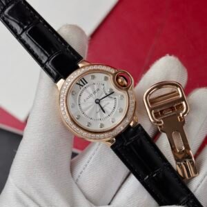 Cartier Ballon Bleu Rose Gold White Diamond Dial Diamond Bezel Leather Replica 39mm
