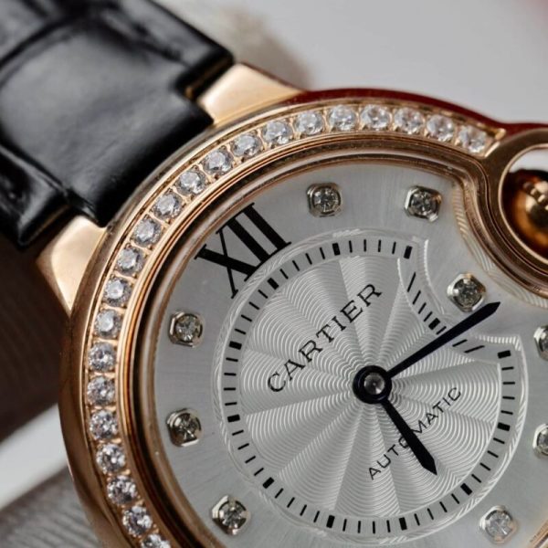 Cartier Ballon Bleu Rose Gold White Diamond Dial Diamond Bezel Leather Replica 39mm
