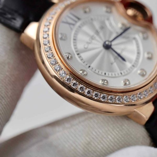 Cartier Ballon Bleu Rose Gold White Diamond Dial Diamond Bezel Leather Replica 39mm