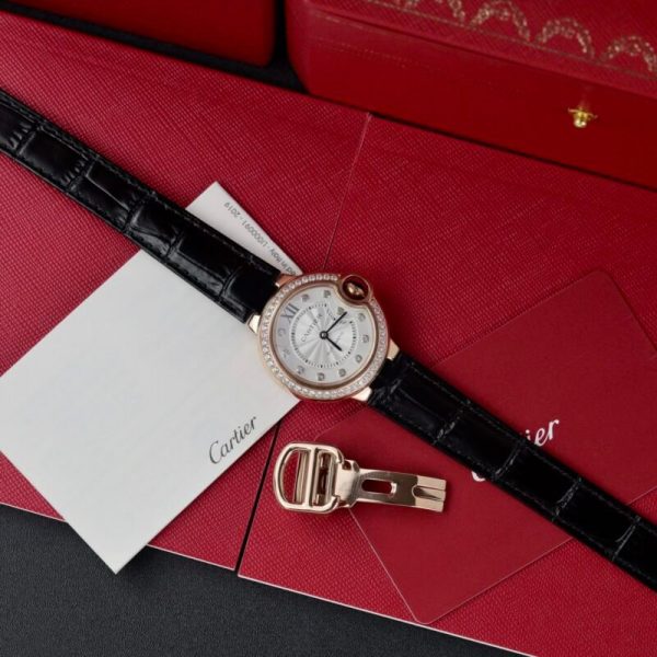 Cartier Ballon Bleu Rose Gold White Diamond Dial Diamond Bezel Leather Replica 39mm
