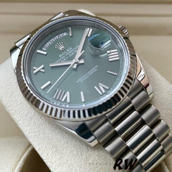 Rolex Day-Date 228239 Olive Green Roman Dial Fluted Bezel 40mm Mens Replica Watch
