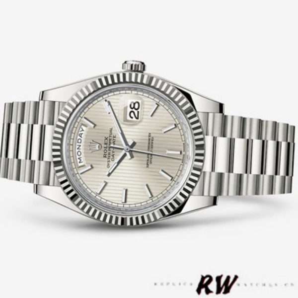 Rolex Day-Date 228239 Silver Stripe Motif Dial Fluted Bezel 40mm Mens Replica Watch