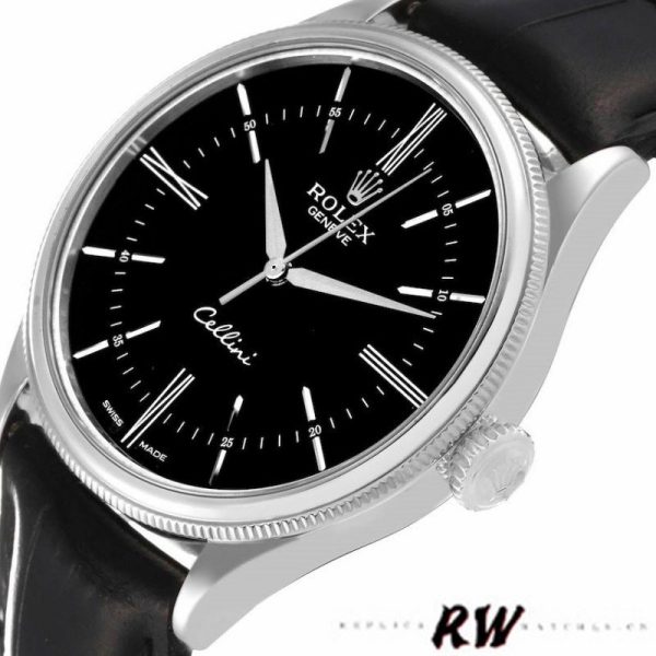 Rolex Cellini Time 50509 Black Leather Strap Black Dial 39mm Mens Replica Watch