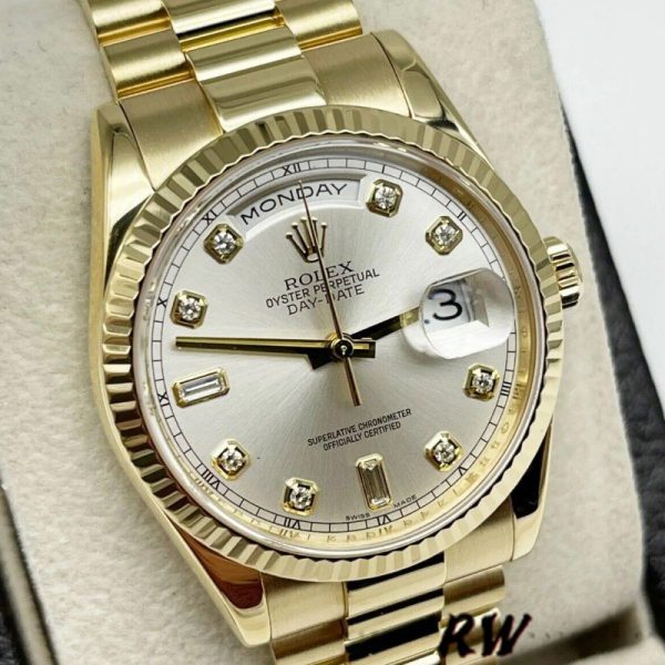 Rolex Day-Date 118238 Silver Diamond Dial 36mm Unisex Replica Watch