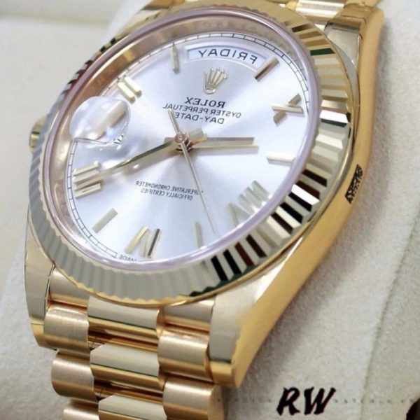 Rolex Day-Date 228238 Silver Roman Dial Fluted Bezel 40mm Mens Replica Watch