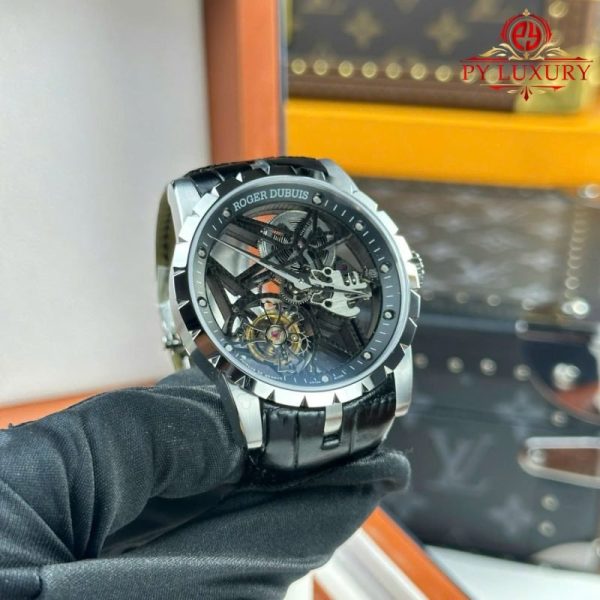 Roger Dubuis Excalibur Skeleton RDDBEX0393 Tourbillon Black Leather Best Replica BBR 42mm