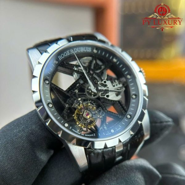 Roger Dubuis Excalibur Skeleton RDDBEX0393 Tourbillon Black Leather Best Replica BBR 42mm