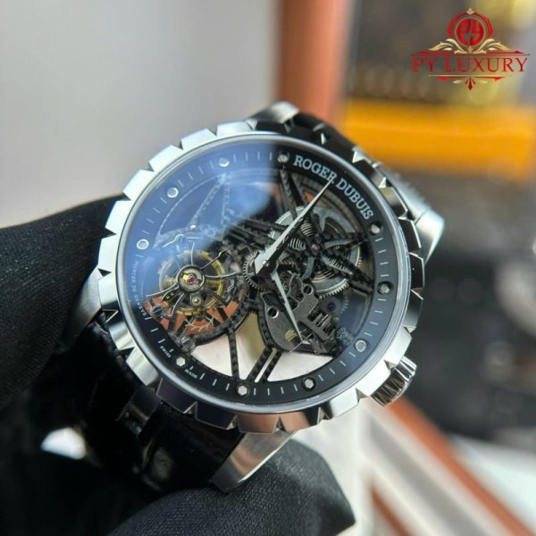 Roger Dubuis Excalibur Skeleton RDDBEX0393 Tourbillon Black Leather Best Replica BBR 42mm