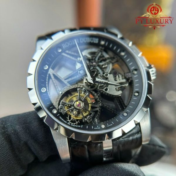 Roger Dubuis Excalibur Skeleton RDDBEX0393 Tourbillon Black Leather Best Replica BBR 42mm