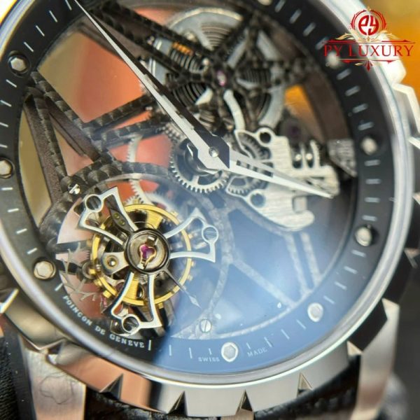 Roger Dubuis Excalibur Skeleton RDDBEX0393 Tourbillon Black Leather Best Replica BBR 42mm